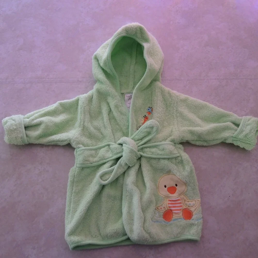 Baby 100% Cotton Terry Hooded Bath Robe Green w/ Duck & Dragonfly 0-9 Mon